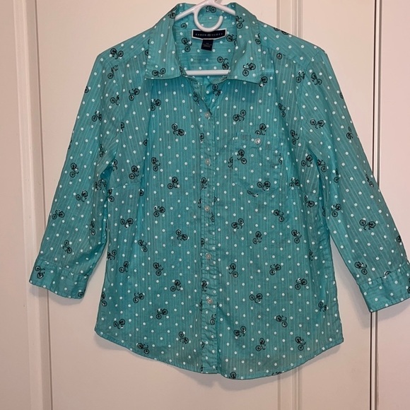 Karen Scott aquamarine Cotton 3/4 sleeve  Blouse with white polka dots & bikes M - Picture 1 of 7